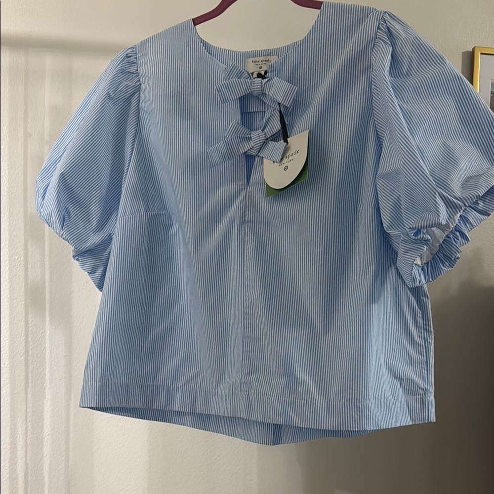 Kate Spade New York Light Blue Pinstripe Puff Sleeve Bow Blouse